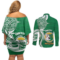 Personalised Liahona - Saineha High School Couples Matching Off Shoulder Short Dress and Long Sleeve Button Shirt Tongan Ngatu Pattern - Polynesian Pride