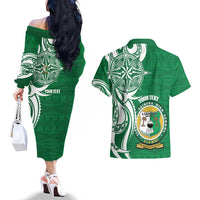 Personalised Liahona - Saineha High School Couples Matching Off The Shoulder Long Sleeve Dress and Hawaiian Shirt Tongan Ngatu Pattern - Polynesian Pride