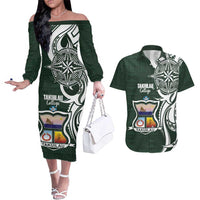 Personalised Tonga Takuilau College Couples Matching Off The Shoulder Long Sleeve Dress and Hawaiian Shirt Est 1975 Tongan Ngatu Pattern - Polynesian Pride