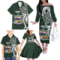 Personalised Tonga Takuilau College Family Matching Off The Shoulder Long Sleeve Dress and Hawaiian Shirt Est 1975 Tongan Ngatu Pattern - Polynesian Pride