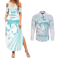 Polynesia Cervical Cancer Awareness Month Couples Matching Summer Maxi Dress and Long Sleeve Button Shirt Polynesian Women Faith Hope Love!