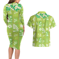 Aloha Hawaii Tuberose Lei Couples Matching Long Sleeve Bodycon Dress and Hawaiian Shirt Tropical Vibes Green Color - Polynesian Pride