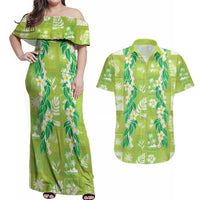 Aloha Hawaii Tuberose Lei Couples Matching Off Shoulder Maxi Dress and Hawaiian Shirt Tropical Vibes Green Color LT14 Green - Polynesian Pride