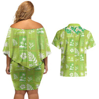 Aloha Hawaii Tuberose Lei Couples Matching Off Shoulder Short Dress and Hawaiian Shirt Tropical Vibes Green Color LT14 - Polynesian Pride