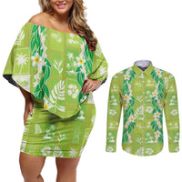 Aloha Hawaii Tuberose Lei Couples Matching Off Shoulder Short Dress and Long Sleeve Button Shirt Tropical Vibes Green Color - Polynesian Pride