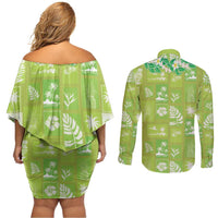 Aloha Hawaii Tuberose Lei Couples Matching Off Shoulder Short Dress and Long Sleeve Button Shirt Tropical Vibes Green Color - Polynesian Pride