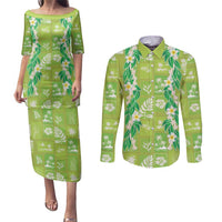 Aloha Hawaii Tuberose Lei Couples Matching Puletasi and Long Sleeve Button Shirt Tropical Vibes Green Color LT14 Green - Polynesian Pride