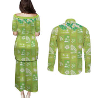 Aloha Hawaii Tuberose Lei Couples Matching Puletasi and Long Sleeve Button Shirt Tropical Vibes Green Color LT14 - Polynesian Pride