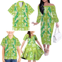 Aloha Hawaii Tuberose Lei Family Matching Off The Shoulder Long Sleeve Dress and Hawaiian Shirt Tropical Vibes Green Color LT14 - Polynesian Pride