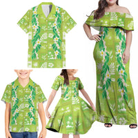 Aloha Hawaii Tuberose Lei Family Matching Off Shoulder Maxi Dress and Hawaiian Shirt Tropical Vibes Green Color LT14 - Polynesian Pride