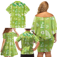 Aloha Hawaii Tuberose Lei Family Matching Off Shoulder Short Dress and Hawaiian Shirt Tropical Vibes Green Color - Polynesian Pride