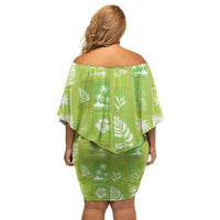 Aloha Hawaii Tuberose Lei Family Matching Off Shoulder Short Dress and Hawaiian Shirt Tropical Vibes Green Color LT14 - Polynesian Pride