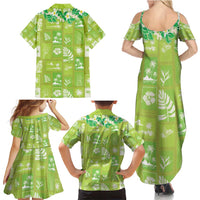 Aloha Hawaii Tuberose Lei Family Matching Summer Maxi Dress and Hawaiian Shirt Tropical Vibes Green Color - Polynesian Pride