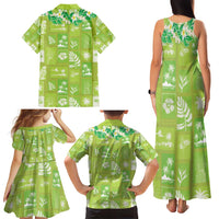 Aloha Hawaii Tuberose Lei Family Matching Tank Maxi Dress and Hawaiian Shirt Tropical Vibes Green Color - Polynesian Pride