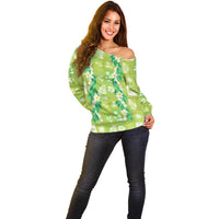 Aloha Hawaii Tuberose Lei Off Shoulder Sweater Tropical Vibes Green Color - Polynesian Pride