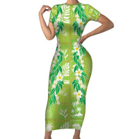 Aloha Hawaii Tuberose Lei Short Sleeve Bodycon Dress Tropical Vibes Green Color LT14 Long Dress Green - Polynesian Pride