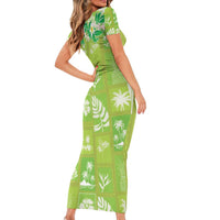 Aloha Hawaii Tuberose Lei Short Sleeve Bodycon Dress Tropical Vibes Green Color LT14 - Polynesian Pride