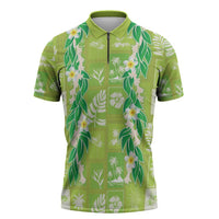 Aloha Hawaii Tuberose Lei Zipper Polo Shirt Tropical Vibes Green Color - Polynesian Pride