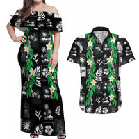 Aloha Hawaii Tuberose Lei Couples Matching Off Shoulder Maxi Dress and Hawaiian Shirt Tropical Vibes Black Color LT14 Black - Polynesian Pride