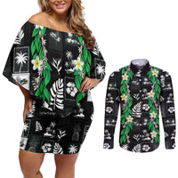Aloha Hawaii Tuberose Lei Couples Matching Off Shoulder Short Dress and Long Sleeve Button Shirt Tropical Vibes Black Color - Polynesian Pride