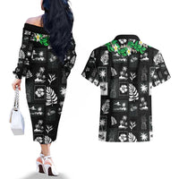 Aloha Hawaii Tuberose Lei Couples Matching Off The Shoulder Long Sleeve Dress and Hawaiian Shirt Tropical Vibes Black Color - Polynesian Pride