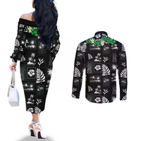 Aloha Hawaii Tuberose Lei Couples Matching Off The Shoulder Long Sleeve Dress and Long Sleeve Button Shirt Tropical Vibes Black Color - Polynesian Pride