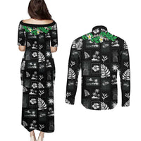 Aloha Hawaii Tuberose Lei Couples Matching Puletasi and Long Sleeve Button Shirt Tropical Vibes Black Color - Polynesian Pride