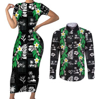 Aloha Hawaii Tuberose Lei Couples Matching Short Sleeve Bodycon Dress and Long Sleeve Button Shirt Tropical Vibes Black Color LT14 Black - Polynesian Pride