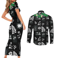 Aloha Hawaii Tuberose Lei Couples Matching Short Sleeve Bodycon Dress and Long Sleeve Button Shirt Tropical Vibes Black Color LT14 - Polynesian Pride