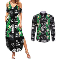 Aloha Hawaii Tuberose Lei Couples Matching Summer Maxi Dress and Long Sleeve Button Shirt Tropical Vibes Black Color LT14 Black - Polynesian Pride