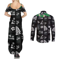 Aloha Hawaii Tuberose Lei Couples Matching Summer Maxi Dress and Long Sleeve Button Shirt Tropical Vibes Black Color - Polynesian Pride