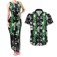 Aloha Hawaii Tuberose Lei Couples Matching Tank Maxi Dress and Hawaiian Shirt Tropical Vibes Black Color - Polynesian Pride