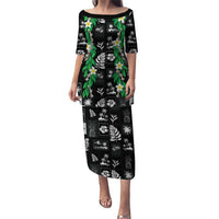 Aloha Hawaii Tuberose Lei Family Matching Puletasi and Hawaiian Shirt Tropical Vibes Black Color - Polynesian Pride