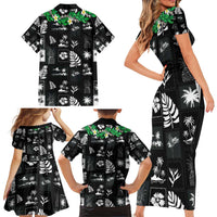 Aloha Hawaii Tuberose Lei Family Matching Short Sleeve Bodycon Dress and Hawaiian Shirt Tropical Vibes Black Color LT14 - Polynesian Pride