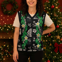 Aloha Hawaii Tuberose Lei Christmas Knitted V-Neck Vest Tropical Vibes Black Color - Polynesian Pride
