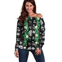 Aloha Hawaii Tuberose Lei Off Shoulder Sweater Tropical Vibes Black Color - Polynesian Pride