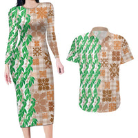 Aloha Hawaii Palaka Tuberose Lei Couples Matching Long Sleeve Bodycon Dress and Hawaiian Shirt Hawaiian Quilt Seamless Style - Polynesian Pride