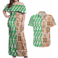 Aloha Hawaii Palaka Tuberose Lei Couples Matching Off Shoulder Maxi Dress and Hawaiian Shirt Hawaiian Quilt Seamless Style LT14 Beige - Polynesian Pride