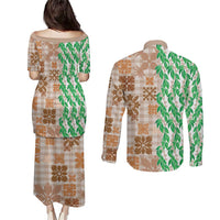 Aloha Hawaii Palaka Tuberose Lei Couples Matching Puletasi and Long Sleeve Button Shirt Hawaiian Quilt Seamless Style LT14 - Polynesian Pride