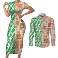Aloha Hawaii Palaka Tuberose Lei Couples Matching Short Sleeve Bodycon Dress and Long Sleeve Button Shirt Hawaiian Quilt Seamless Style - Polynesian Pride