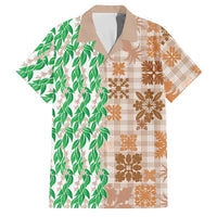 Aloha Hawaii Palaka Tuberose Lei Family Matching Off The Shoulder Long Sleeve Dress and Hawaiian Shirt Hawaiian Quilt Seamless Style LT14 Dad's Shirt - Short Sleeve Beige - Polynesian Pride