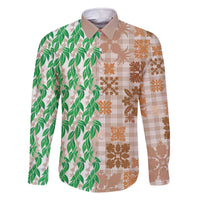 Aloha Hawaii Palaka Tuberose Lei Family Matching Off The Shoulder Long Sleeve Dress and Hawaiian Shirt Hawaiian Quilt Seamless Style LT14 Dad's Shirt - Long Sleeve Beige - Polynesian Pride