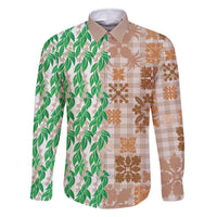 Aloha Hawaii Palaka Tuberose Lei Family Matching Off Shoulder Short Dress and Hawaiian Shirt Hawaiian Quilt Seamless Style LT14 Dad's Shirt - Long Sleeve Beige - Polynesian Pride