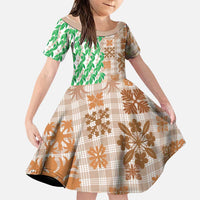 Aloha Hawaii Palaka Tuberose Lei Family Matching Short Sleeve Bodycon Dress and Hawaiian Shirt Hawaiian Quilt Seamless Style LT14 Daughter's Dress Beige - Polynesian Pride