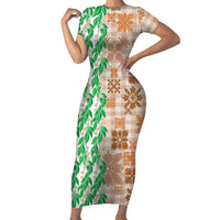 Aloha Hawaii Palaka Tuberose Lei Short Sleeve Bodycon Dress Hawaiian Quilt Seamless Style LT14 Long Dress Beige - Polynesian Pride