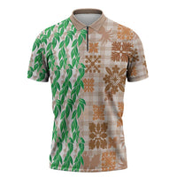 Aloha Hawaii Palaka Tuberose Lei Zipper Polo Shirt Hawaiian Quilt Seamless Style LT14 Beige - Polynesian Pride