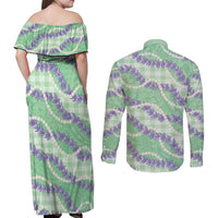 Pastel Green Hawaii Palaka Honohono Pikake Couples Matching Off Shoulder Maxi Dress and Long Sleeve Button Shirt Hawaiian Orchid Lei Polynesian Pattern - Polynesian Pride
