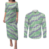 Pastel Green Hawaii Palaka Honohono Pikake Couples Matching Puletasi and Long Sleeve Button Shirt Hawaiian Orchid Lei Polynesian Pattern - Polynesian Pride
