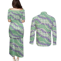 Pastel Green Hawaii Palaka Honohono Pikake Couples Matching Puletasi and Long Sleeve Button Shirt Hawaiian Orchid Lei Polynesian Pattern - Polynesian Pride