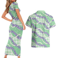 Pastel Green Hawaii Palaka Honohono Pikake Couples Matching Short Sleeve Bodycon Dress and Hawaiian Shirt Hawaiian Orchid Lei Polynesian Pattern - Polynesian Pride